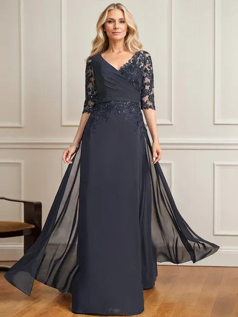 Robe de mère de la mariée trapèze, col en V, longueur au sol, en mousseline de soie et dentelle, avec sequins plissés 