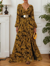 Golden Slit Floral Chiffon V Neck Long Sleeve Balloon Sleeve A-Line Gown Dress