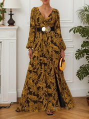 Golden Slit Floral Chiffon V Neck Long Sleeve Balloon Sleeve A-Line Gown Dress