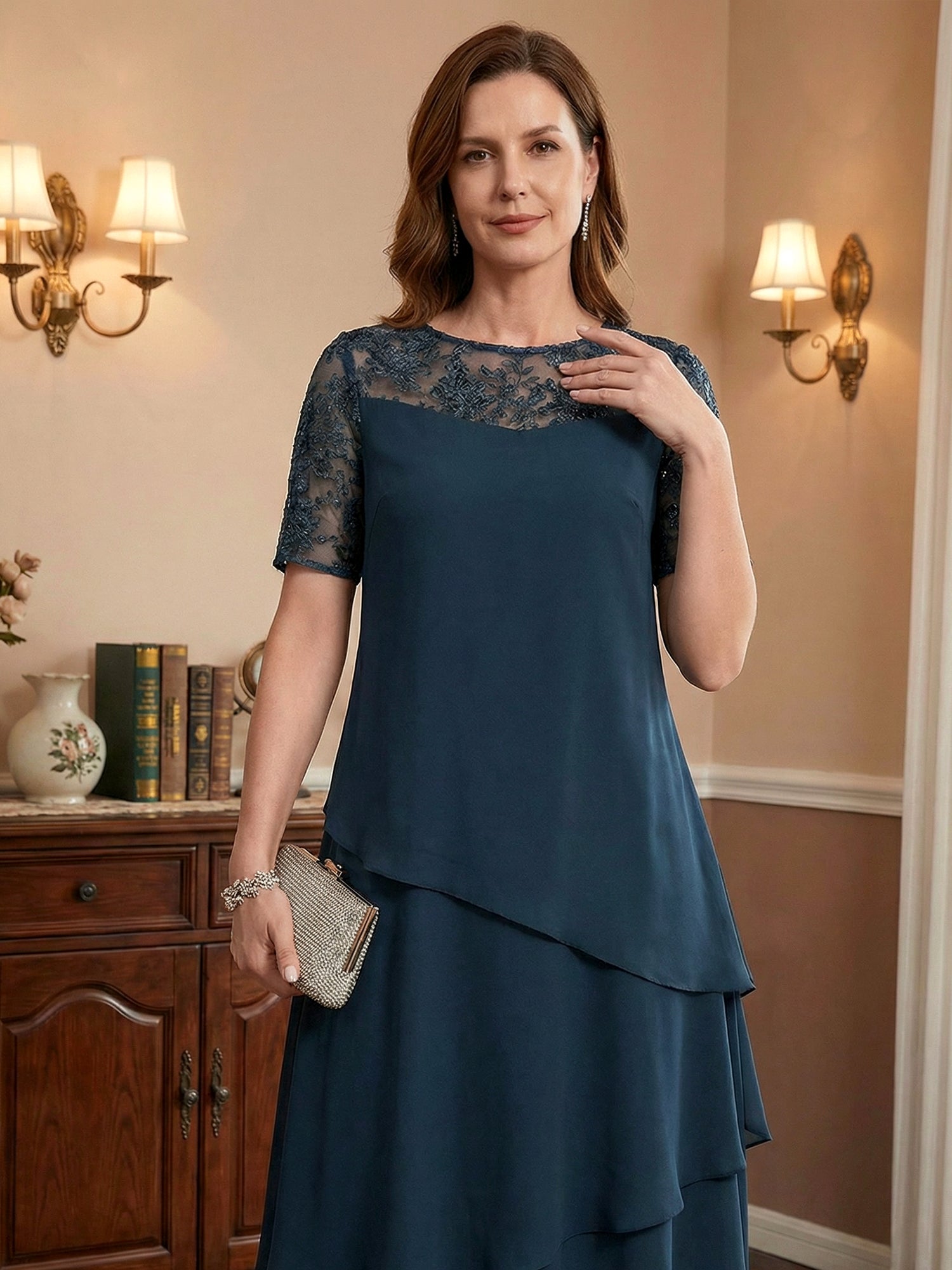 A-line Scoop Illusion Knee-Length Lace Chiffon Mother of the Bride Dress With Sequins