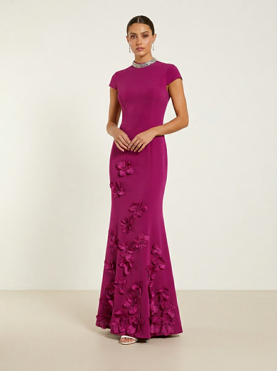 Pearl Beaded High-Neck Satin Floor-Length Evening Dresses with Cap Sleeves and 3D Flowers