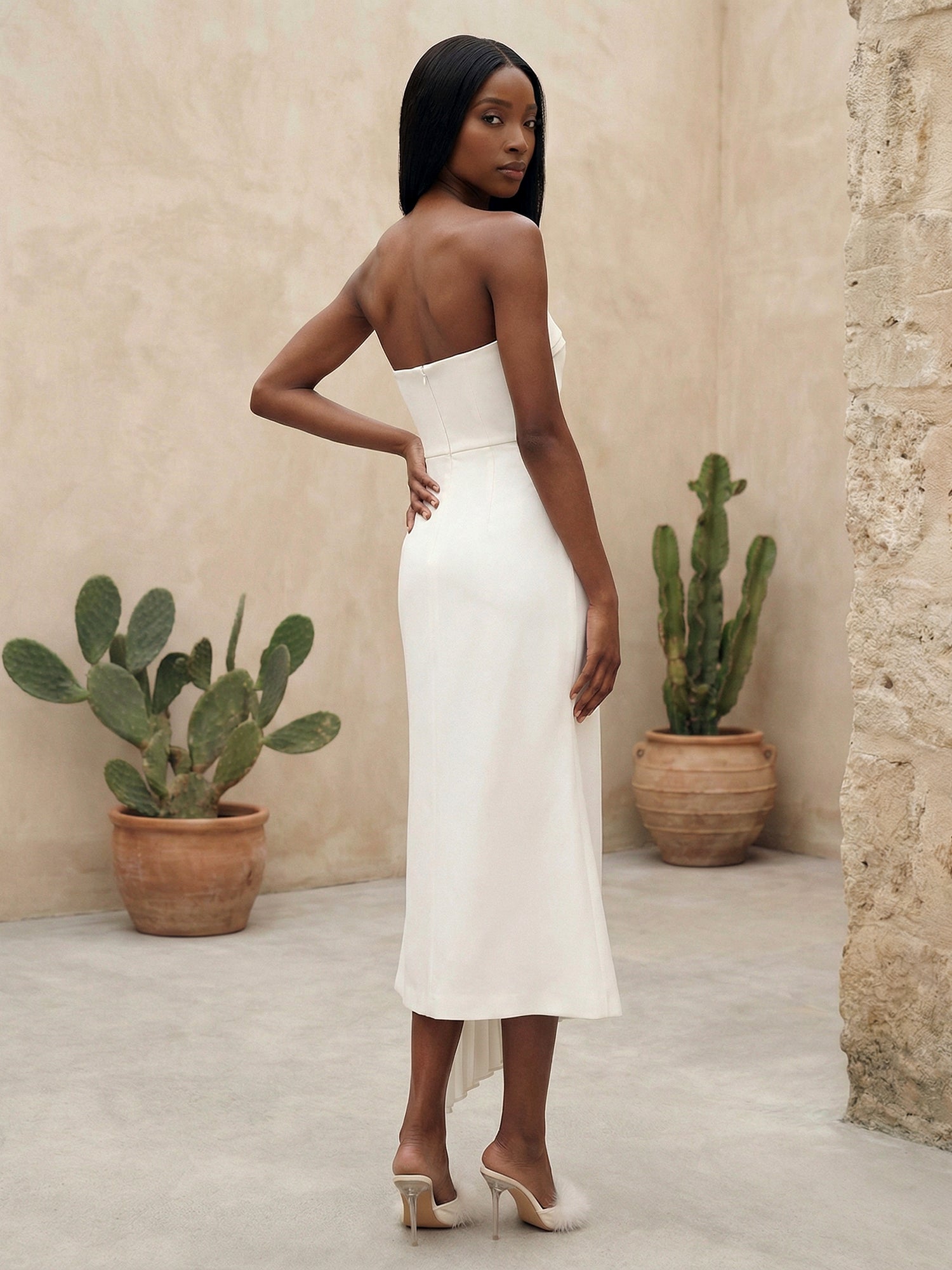 White Strapless Mermaid Satin Evening Dress with Pleat