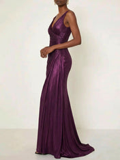 Evening Formal Dress V Neck Silk Ruffles Maxi Dress Gown