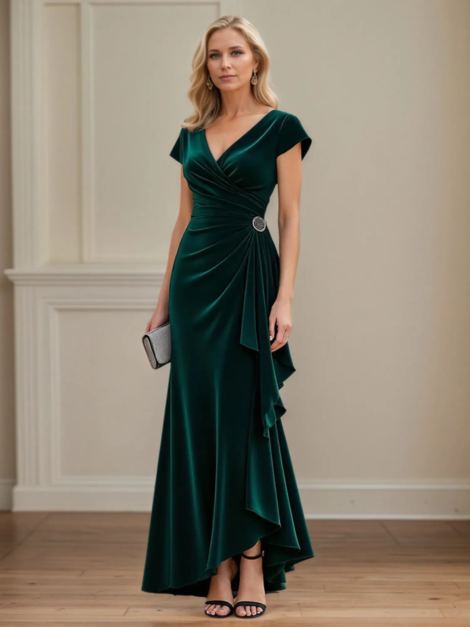 Ruched A Line V Neck Asymmetrical Mother of the Bride Dress