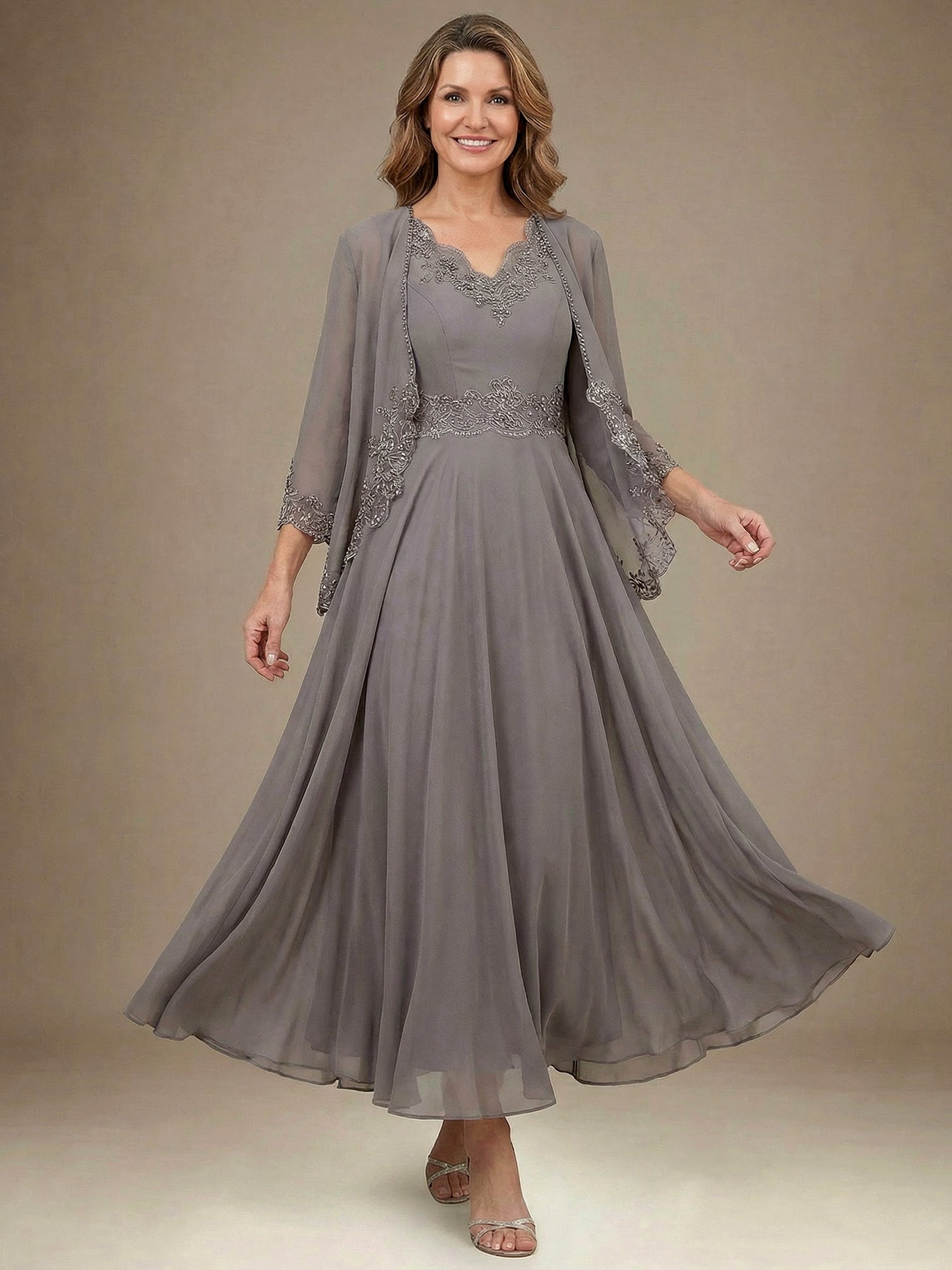 A-line V-Neck Ankle-Length Chiffon Mother of the Bride Dress With Sequins Appliques Lace Beading