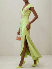 Green Floral V Neck Embroidered Cap Sleeve Slit Sheath Maxi Dress