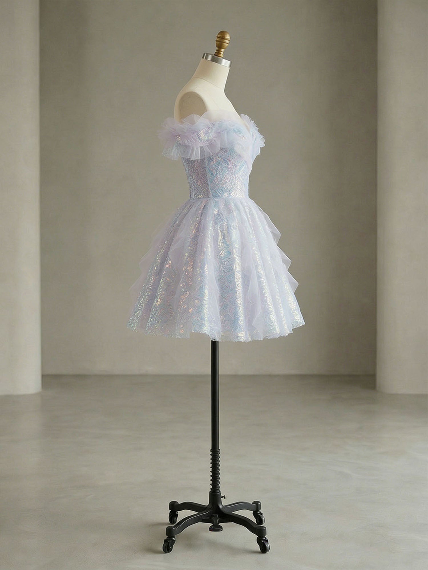 Off-the-Shoulder Lace-Up Back Iridescent Tulle Party Dress Homecoming Dress