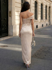 Champagne Off-Shoulder Ruched Satin Midi Dress Asymmetrical Slit Evening Gown