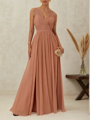 Pink Ruched Prom Dress V Neck Sleeveless A-Line Maxi Bridesmaid Dress
