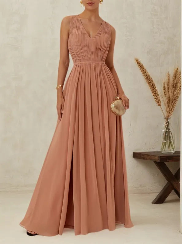 Pink Ruched Prom Dress V Neck Sleeveless A-Line Maxi Bridesmaid Dress