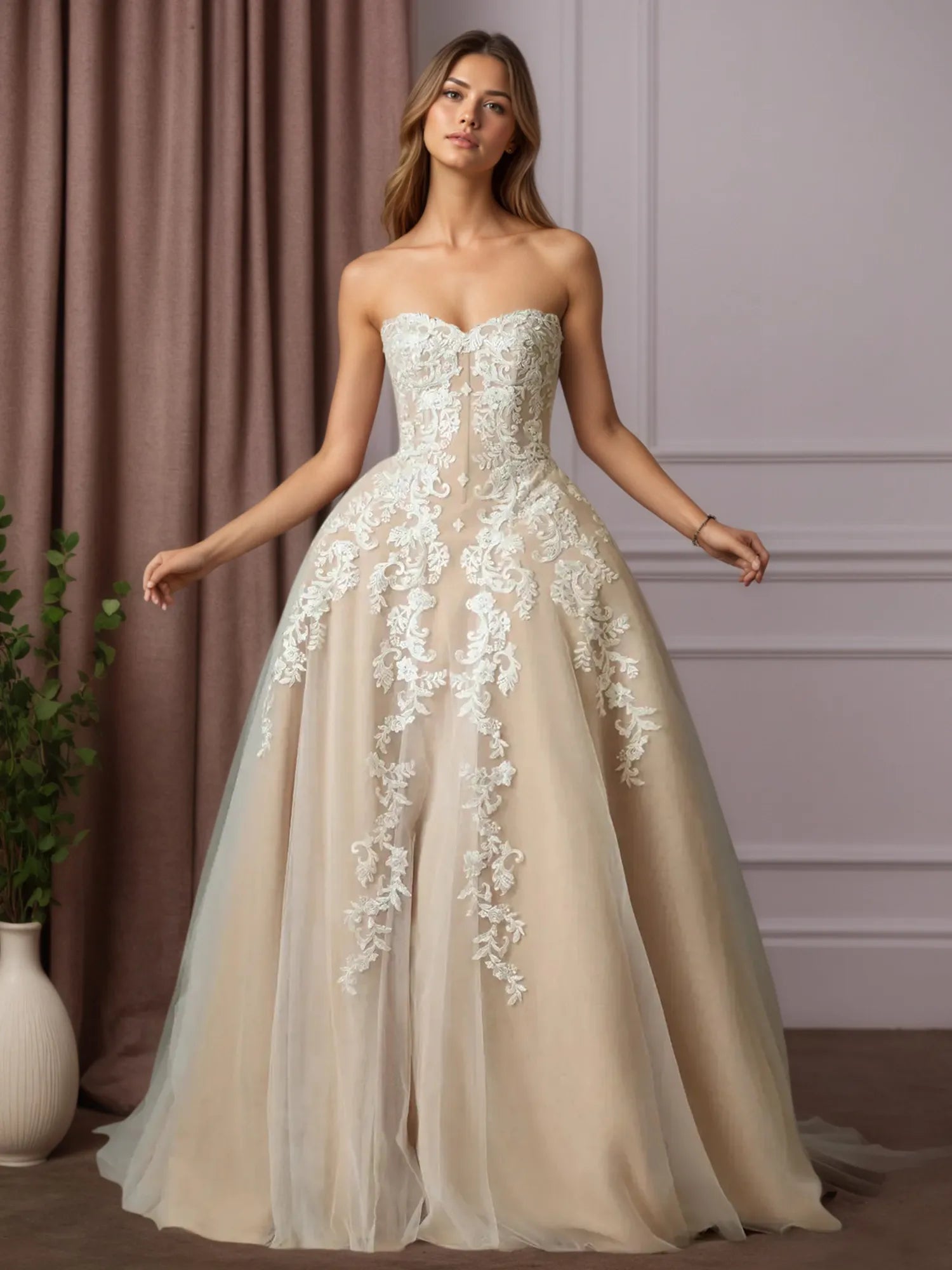White Champagne Ball-Gown Strapless Lace Wedding Dress