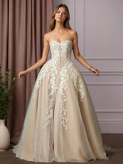 White Champagne Ball-Gown Strapless Lace Wedding Dress