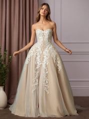 White Champagne Ball-Gown Strapless Lace Wedding Dress