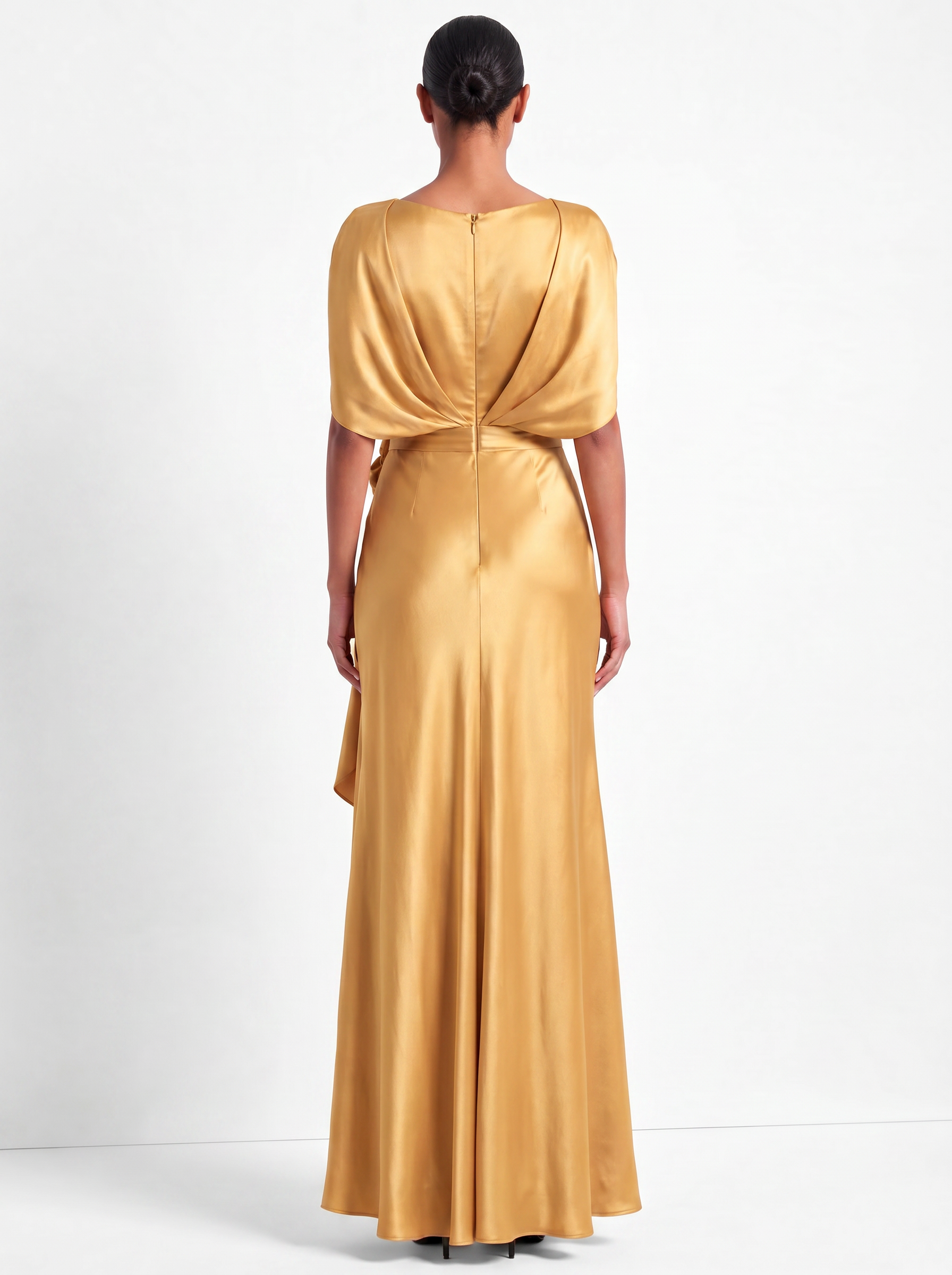 Cape-Sleeve Satin Floor-Length Evening Dresses with 3D Roses and Waterfall Drape