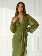 Green Long Sleeves Mermaid Chiffon Maxi Dress with Belt