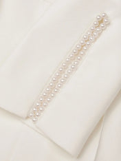 Women White Imitation Pearls Slit Boat Neck Half Sleeve Dressy Jumpsuit