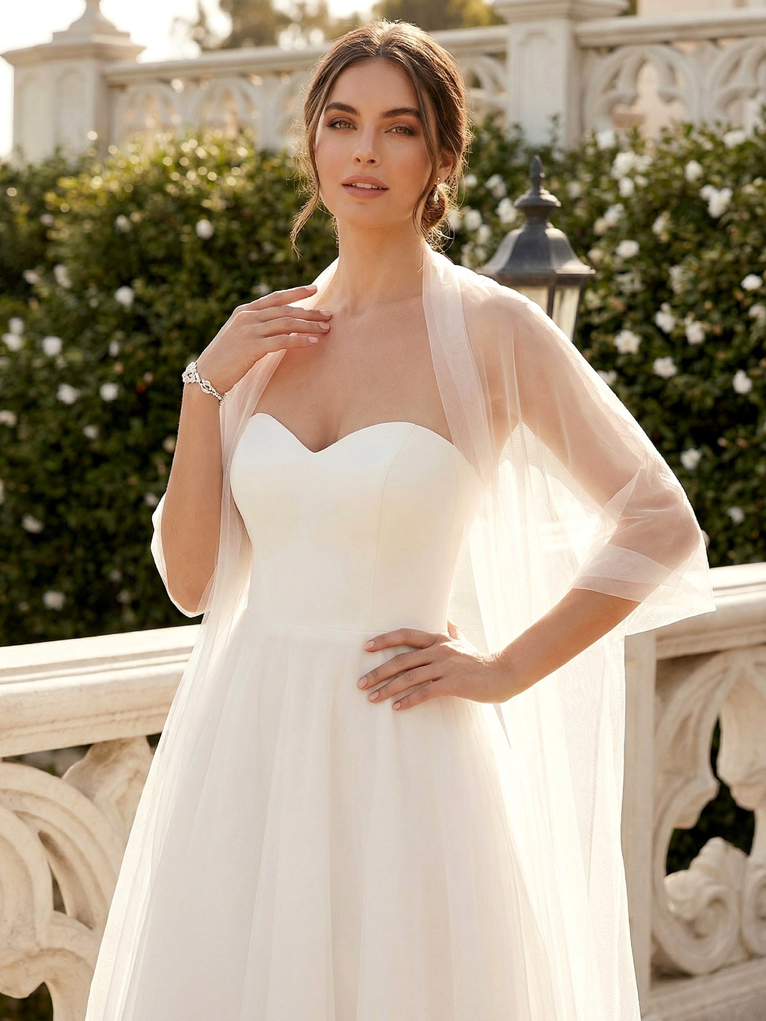 White Sweetheart Tea Length A Line Maxi Gown with Scarf