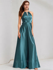 A Line Satin Halter Neck Sleeveless Floor Length Bridesmaid Dress