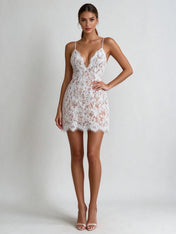 Spaghetti Strap Floral Lace Bodycon Mini Dress Wedding Dress