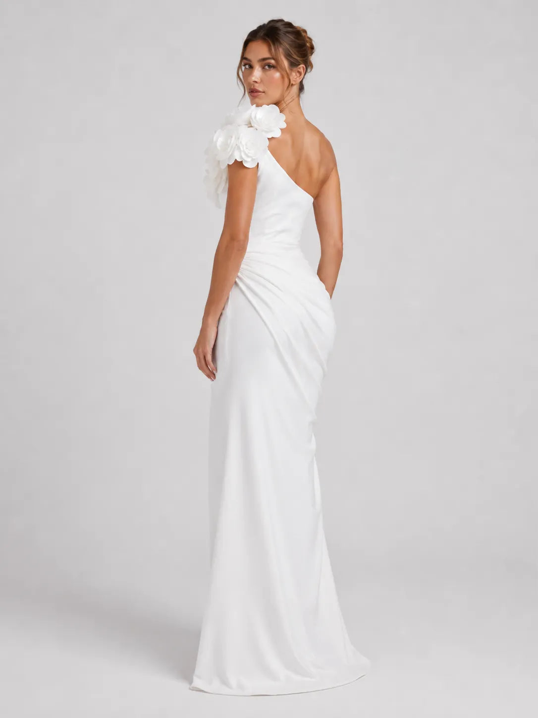 Elegant One-Shoulder Sheath Wedding Dress with 3D Floral Appliqués and High Slit