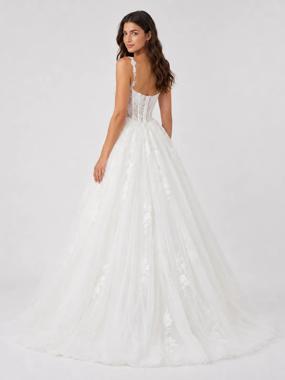 Romantic Square Neck Lace Corset Ball Gown Wedding Dress with Floral Appliqué Tulle Skirt
