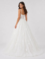 Romantic Square Neck Lace Corset Ball Gown Wedding Dress with Floral Appliqué Tulle Skirt