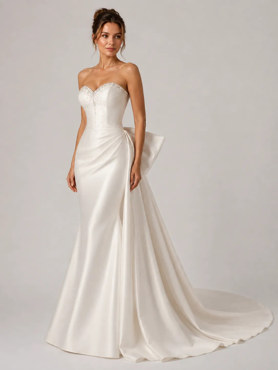 Elegant Strapless Satin Mermaid Wedding Dress with Beaded Neckline and Back Bow