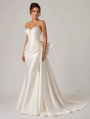 Elegant Strapless Satin Mermaid Wedding Dress with Beaded Neckline and Back Bow