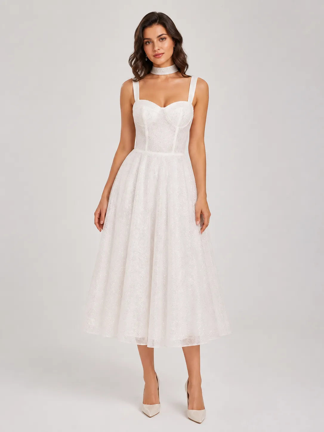 Sweetheart Wide Strap Corset A-Line Tea-Length Wedding Dress