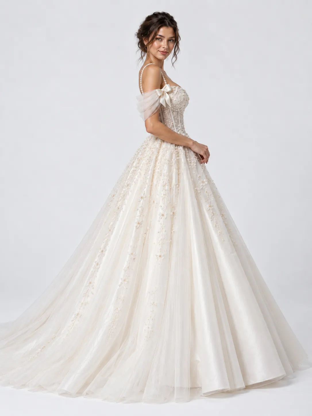 Pearl Beaded Spaghetti Strap Sweetheart Beaded Floral Ball Gown Wedding Dress