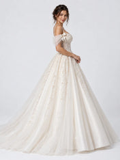 Pearl Beaded Spaghetti Strap Sweetheart Beaded Floral Ball Gown Wedding Dress