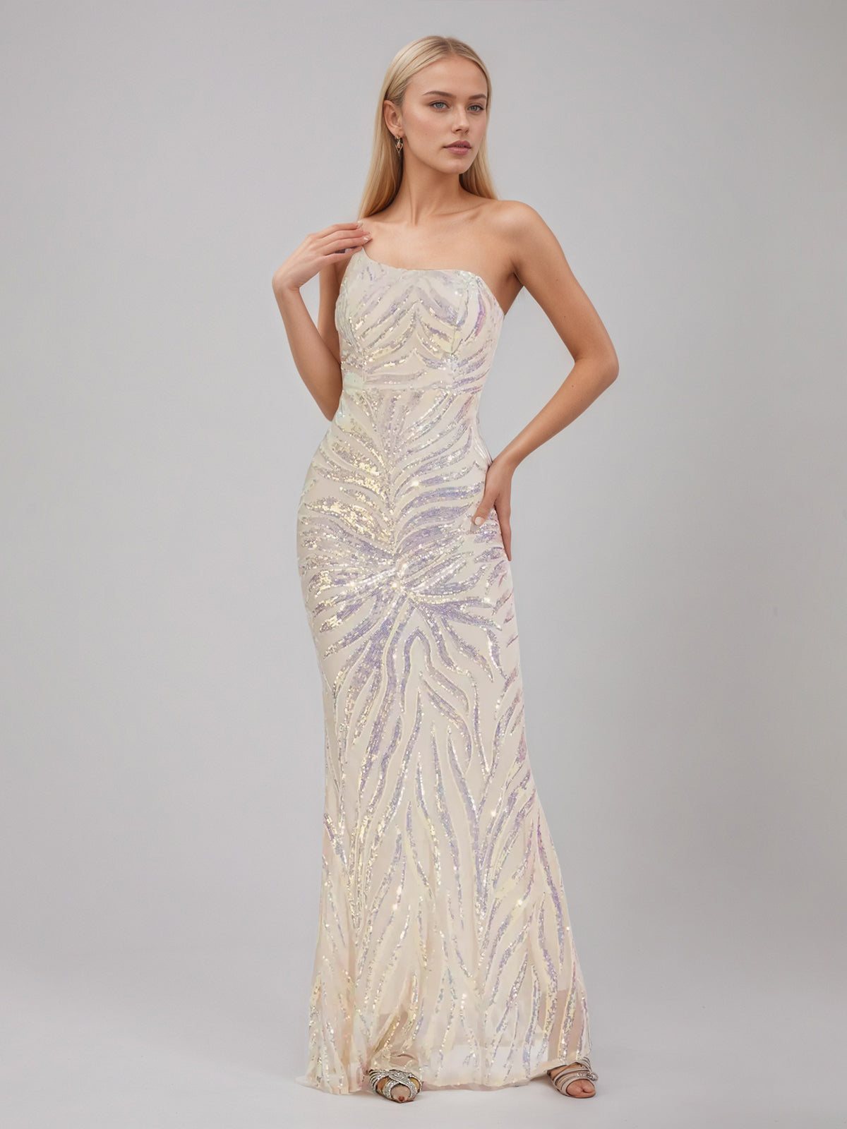 Apricot Sequins One-shoulder Dress