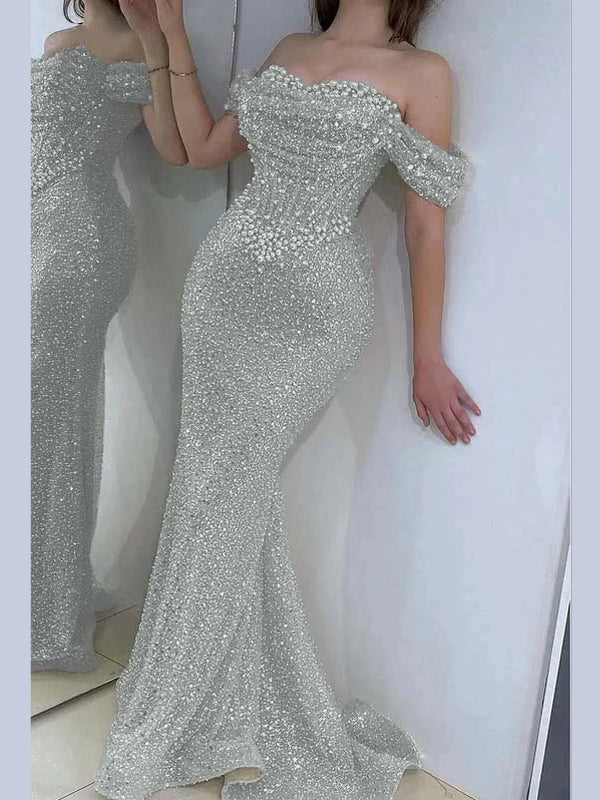 Champagne Pearl Sequin Off-the-Shoulder Mermaid Prom Dress
