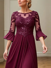 A Line Scoop Neck Applique Tea Length Mother of the Bride Dress