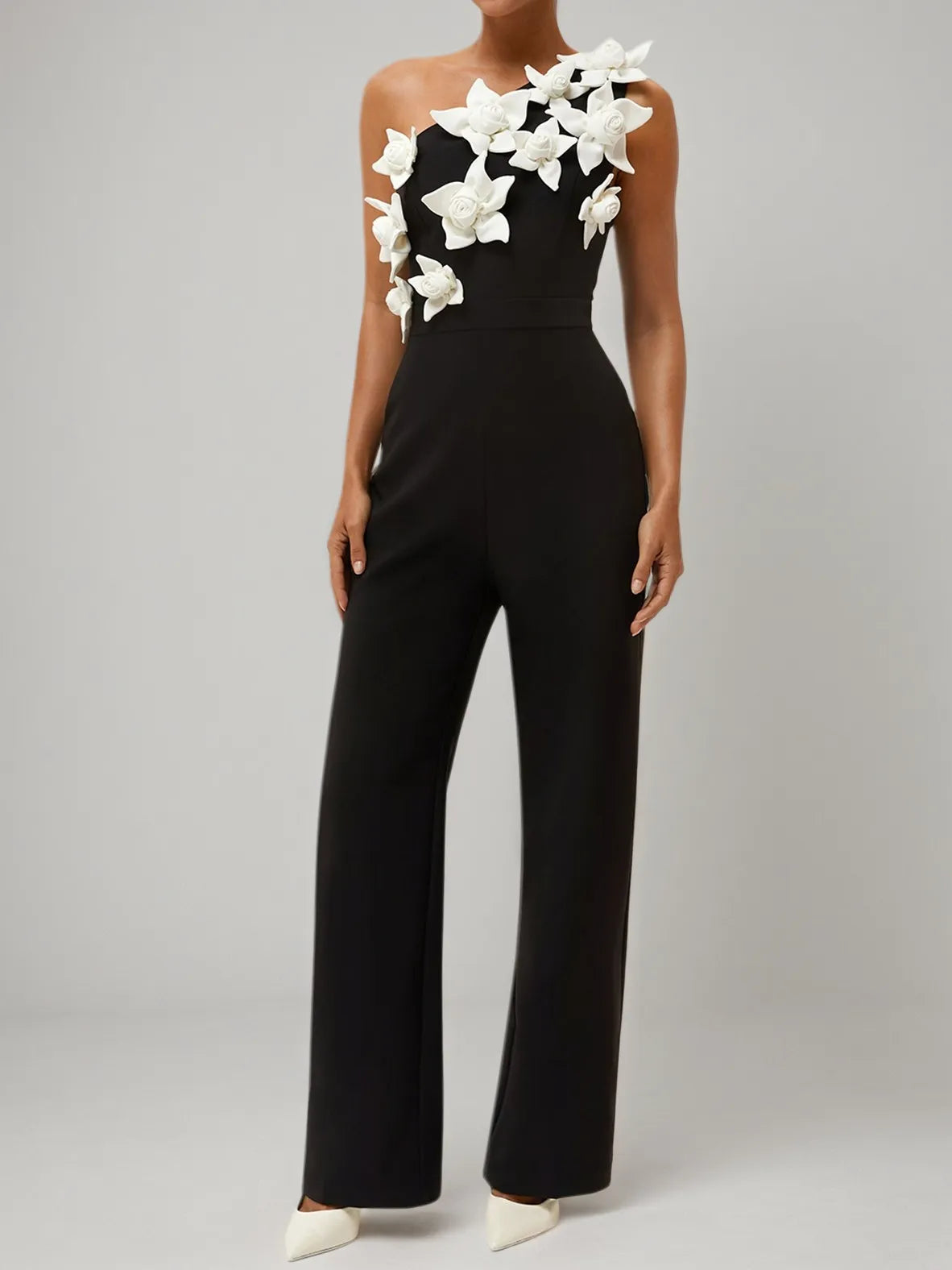 Women Black One Shoulder 3D Floral Wide-Leg Jumpsuit