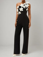 Women Black One Shoulder 3D Floral Wide-Leg Jumpsuit