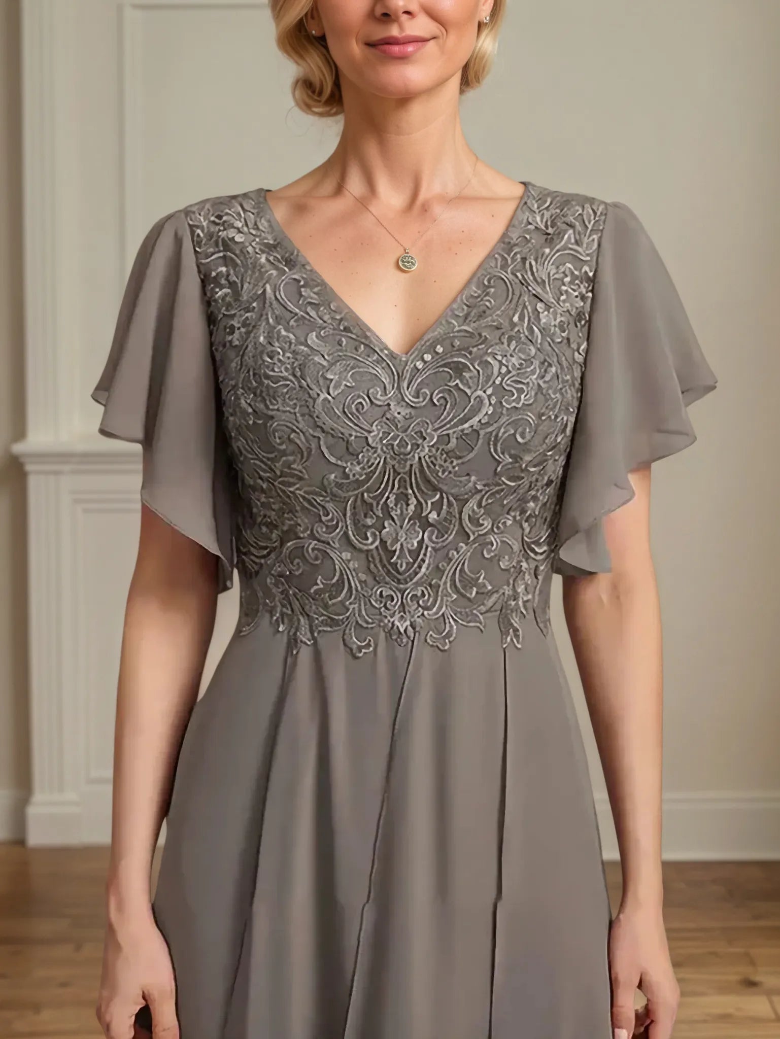 A Line V Neck Short Sleeve Chiffon Mother of the Bride Dress With Ruffles