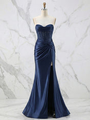 Glamorous Strapless Beaded Corset Satin Prom Dress with Slit