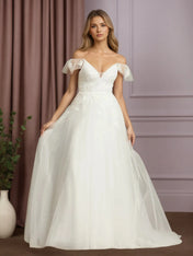 White A-Line V-Neck Sleeveless Sequins Tulle Wedding Dress