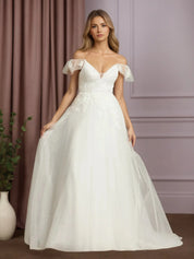White A-Line V-Neck Sleeveless Sequins Tulle Wedding Dress