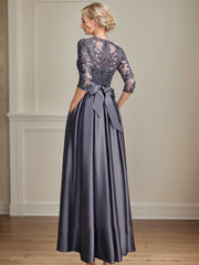 A-line Scoop Illusion Floor-Length Satin Lace Mother of the Bride Dress With Sequins Bow