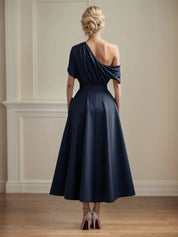 A Line Satin One Shoulder Pleated Ankle Length Mother of the Bride Dress