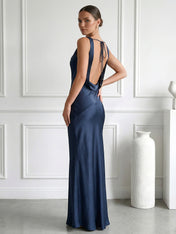 Navy Blue V Neck Mermaid Maxi Dress with Pleat