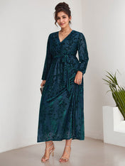 A-Line V-Neck Long Sleeves Velvet Tea-Length Mother of the Bride Dress With Split