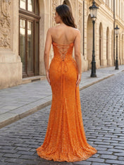 Glitter Strapless Mermaid Sequined Long Prom Dress with Slit