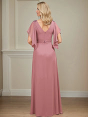 A Line V Neck Appliqued Floor Length Mother of the Bride Dress with Ruffles