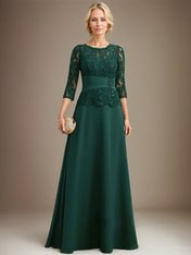A-line Scoop Illusion Floor-Length Chiffon Lace Mother of the Bride Dress With Pleated Sequins Beading