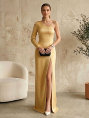 Long Sleeves Black One Shoulder Formal Dress Evening Gown
