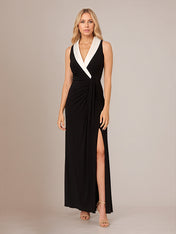 Black Deep V-Neck Ankle Length Chiffon Mother of The Bride Dresses With High Slit