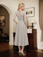 A-line Scoop Illusion Tea-Length Chiffon Lace Mother of the Bride Dress With Beading Sequins